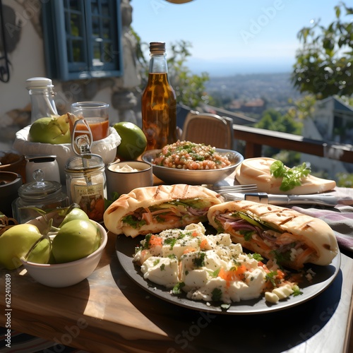 Fototapete Souvlaki delicious food in the background of the beautiful greek coast
