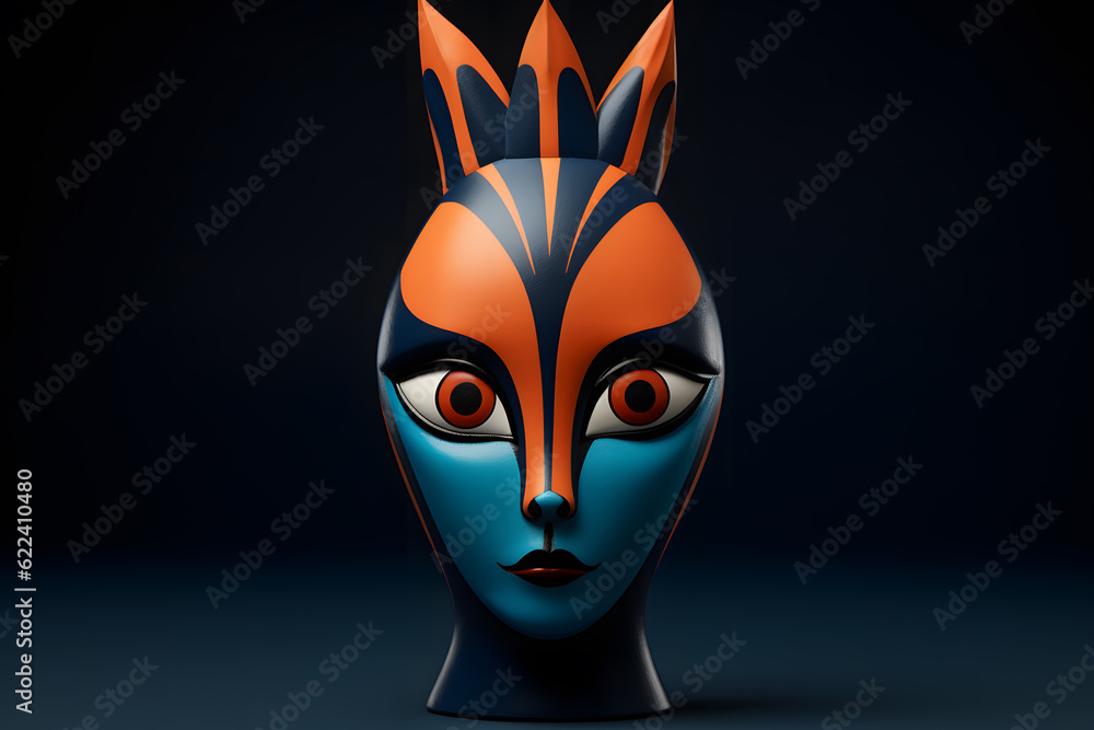 Naklejka premium Crafts, handmade mask of indigenous appearance, with intense colors on a plain blue background and volumetric lighting.