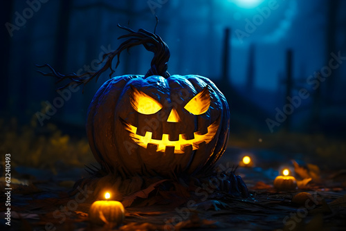 Image with the concept: Halloween. Bright petrol blue colors and strong oranges. Dark style. Pumpkins, costumes, witches, ghosts and haunted houses.