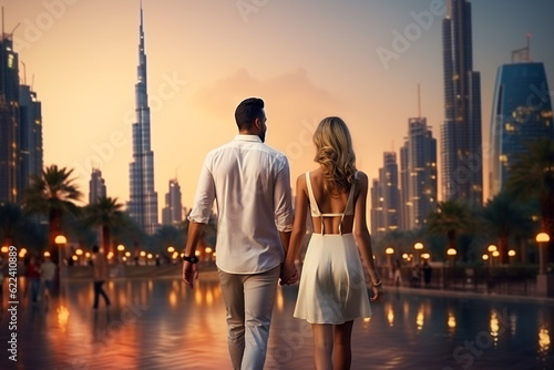 Fotobehang Young couple traveling and walking in Dubai, United Arab Emirates