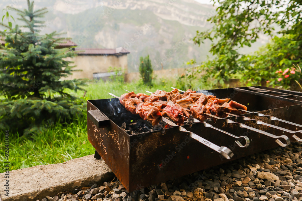 Barbecue with lamb kebab on skewers in the yard. Barbecue with lamb kebab on skewers in the yard.