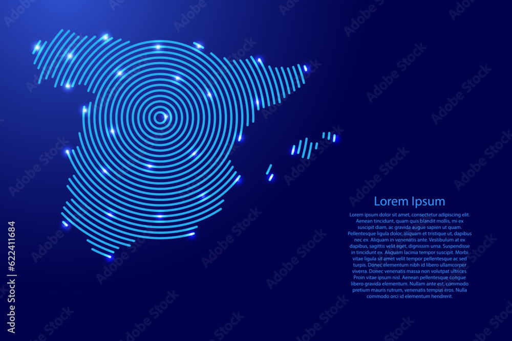 Spain map from futuristic concentric blue circles and glowing stars for banner, poster, greeting card Spain map from futuristic concentric blue circles and glowing stars for banner, poster, greeting card