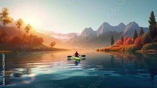 Man kayak down a wide mountain river among beautiful forests and mountains. Colorful landscape in the rays of the sun during sunrise or sunset. Generative AI.
