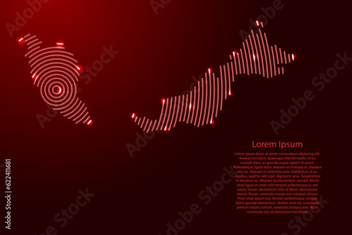 Malaysia map from futuristic concentric red circles and glowing stars for banner, poster, greeting card