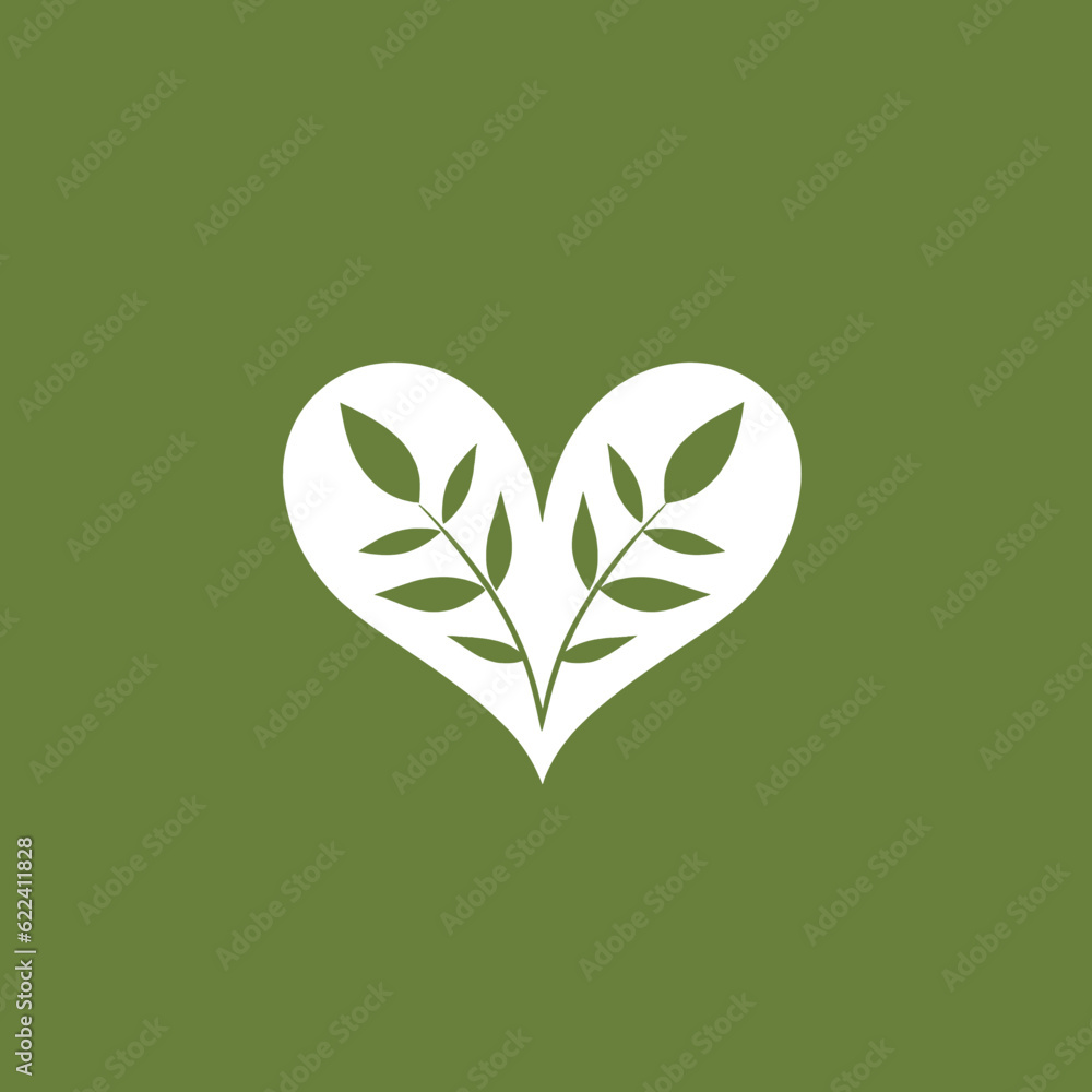 Logo concept, white and green, heart with sprigs of leaves. Logo concept, white and green, heart with sprigs of leaves.
