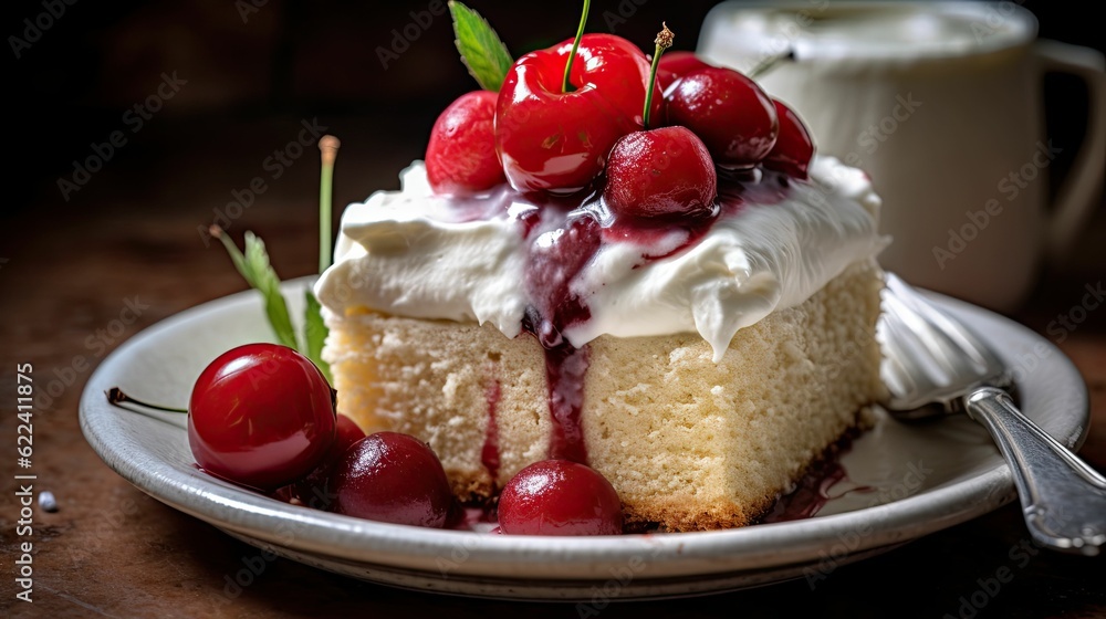 Cake with cherries and whipped cream on a rustic background Cake with cherries and whipped cream on a rustic background