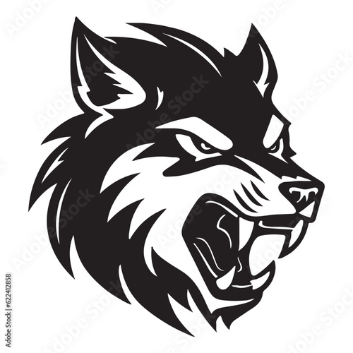Angry Wolf Head Black and White Tattoo Illustration.