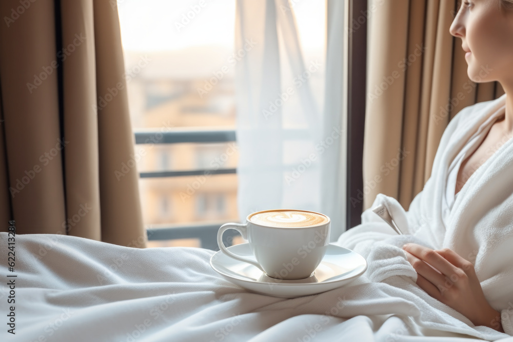A woman sitting in bed with a cup of coffee. Luxury hotel experience. Generative AI. A woman sitting in bed with a cup of coffee. Luxury hotel experience. Generative AI.