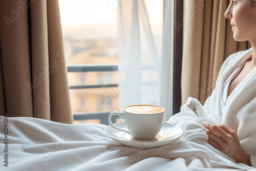 A woman sitting in bed with a cup of coffee. Luxury hotel experience. Generative AI.
