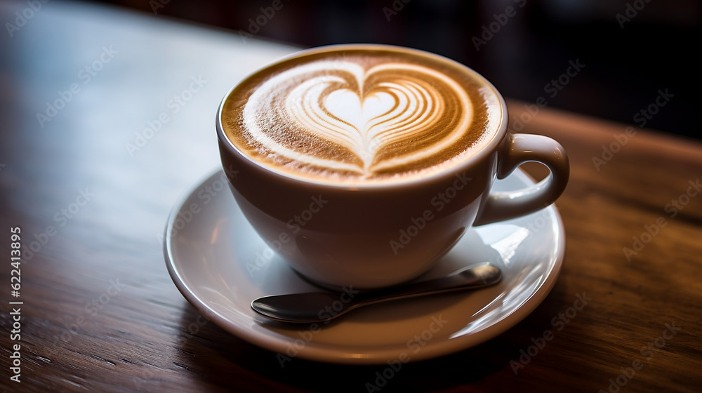 A cup of latte coffee on the table in a coffee shop new quality universal colorful technology illustration design generative ai A cup of latte coffee on the table in a coffee shop new quality universal colorful technology illustration design generative ai