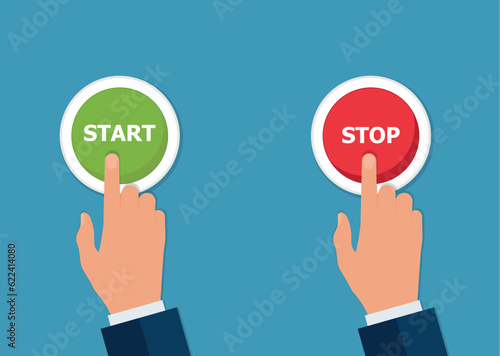 Hand, finger pressing buttons stop or start. Vector illustration. The concept of choice, the right choice and a wrong decision.