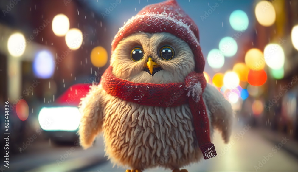 A funny cute owl in a Santa Claus hat stands on a snowy street under the snow against the background of colored lights.Generative AI A funny cute owl in a Santa Claus hat stands on a snowy street under the snow against the background of colored lights.Generative AI