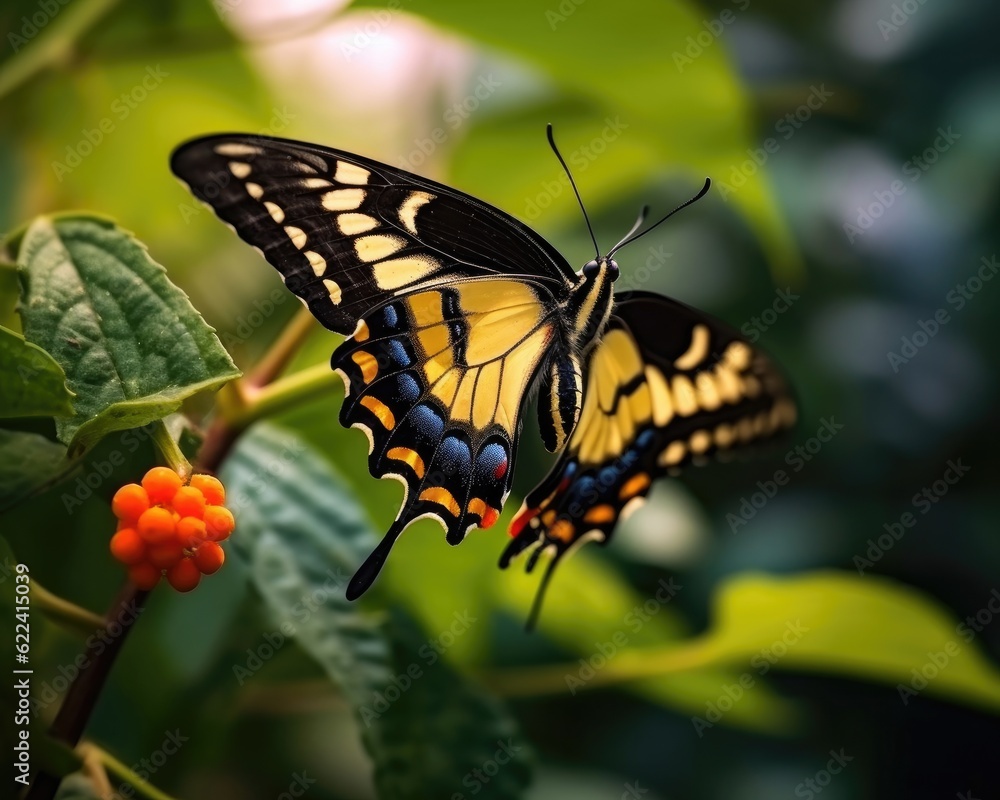 Fototapeta premium A photorealistic image of a super macro shot of Swallowtail butterfly, macro lens, emphasizing the detail and realism of image. Generative AI