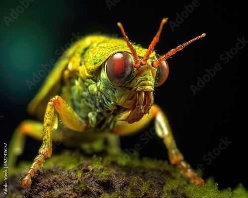 A photorealistic image of a super macro shot of Treehopper,  macro lens, emphasizing the detail and realism of image. Generative AI