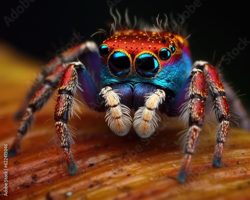 A photorealistic image of a super macro shot of Peacock spider, macro lens, emphasizing the detail and realism of image. Generative AI