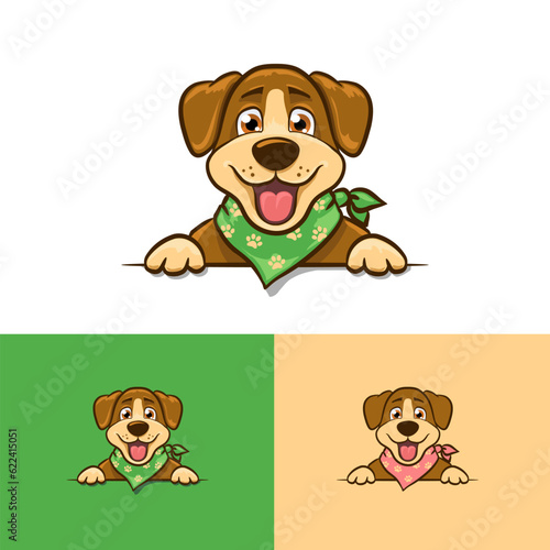 Cartoon brown little dog head with smiling face logo template. Mascot pet design with doggy vector illustration