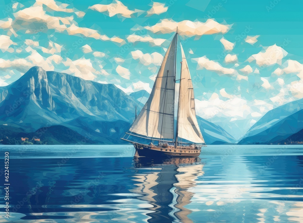 Sailing boat in the sea against the backdrop of mountains. Created with Generative AI technology.