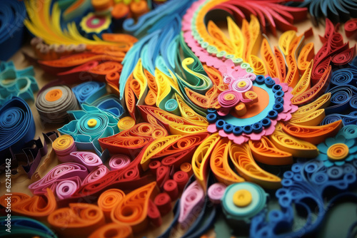 Floral pattern in the technique of quilling. Papercraft, hobby concept. Generative AI © happy_finch