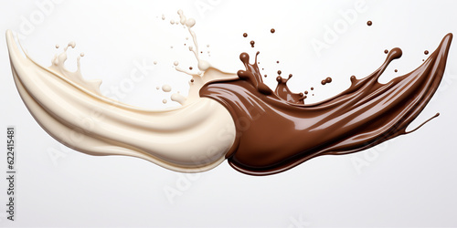 A splash of milk and chocolate on a white background. Generative AI.