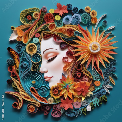 Woman face with flowers in hair in the technique of quilling. Papercraft, hobby concept. Generative AI