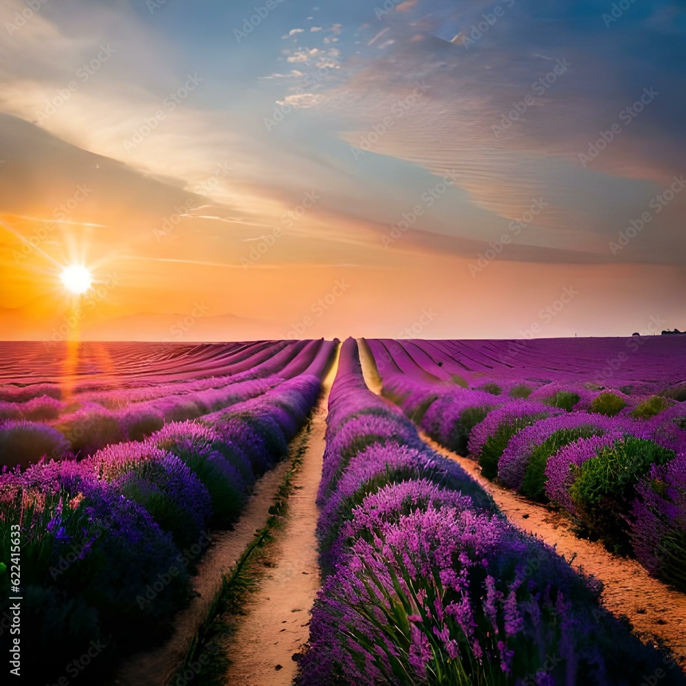 lavender field at sunset. AI-Generated lavender field at sunset. AI-Generated