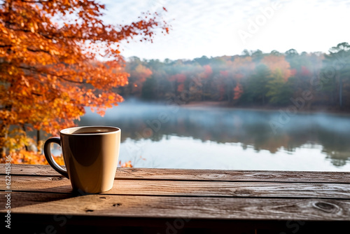 Cup of coffee on overlooking lake autumn leaves