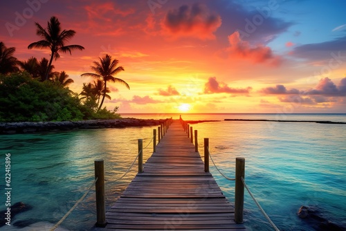 View of wooden bridge at sunset in tropical island