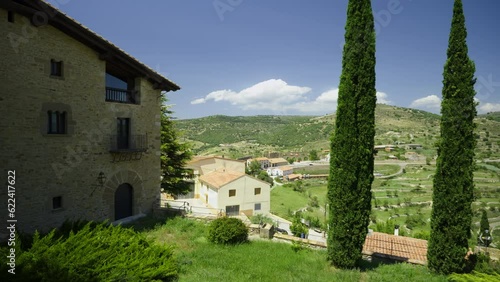 Walk through the narrow streets of the ancient city of Morella. The ancient city and fortress on the hill of Spain. Sunny summer day. High quality 4k footage