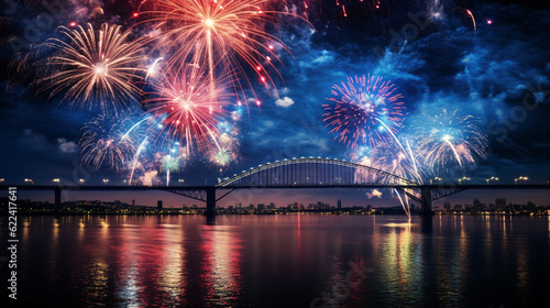 Fireworks over the river and bridge at night
