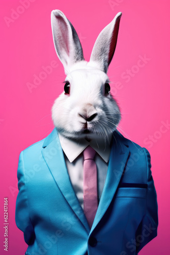 Rabbit with human body wearing blue business suit on pink background. Generative ai