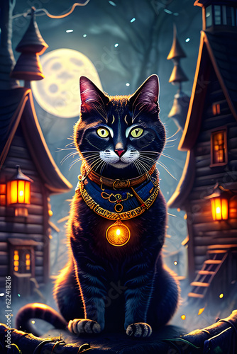 Nocturnal Enchantments: A Detailed Portrait of an Anthropomorphic Cat-Witch Amidst the Creepy Ambience of an Old Witches Cabin, Bathed in Moonlight © Achintha