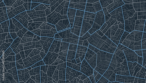 Blue city area, background map, streets. Skyline urban panorama. Cartography illustration. Abstract transportation background, streetmap. Widescreen proportion, digita design streetmap. Vector