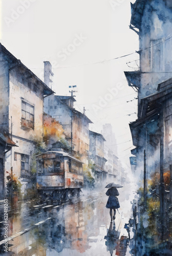 City streets after the rain in a watercolor style. Generative AI © kolbass