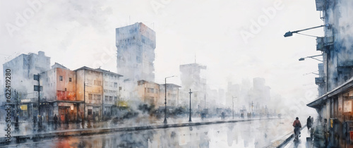 City streets after the rain in a watercolor style. Generative AI