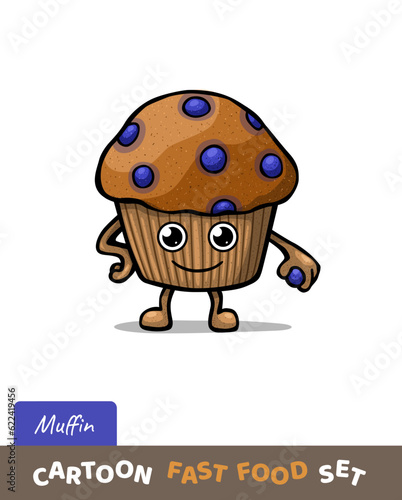 Funny cartoon muffin isolated on white background. Cartoon muffin character. Vector Illustration