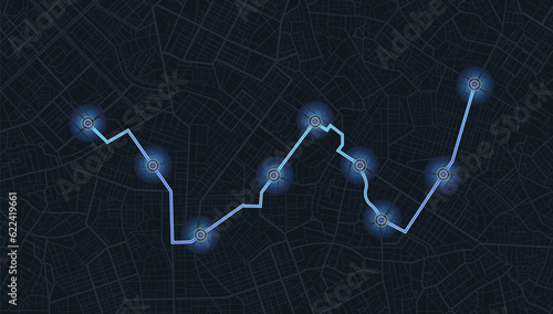 GPS navigator screen with street roads and location, destination points City top view. Online navigation. Flat style, Vector, illustration isolated. Urban highway plan, final destination