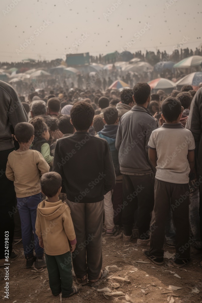 Crowd of homeless refugees view from the back with staff and children. Refugees and economy crisis. Crowd of homeless refugees view from the back with staff and children. Refugees and economy crisis.