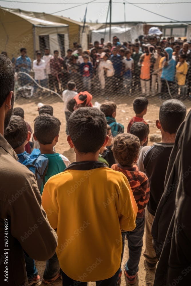 Crowd of homeless refugees view from the back with staff and children. Refugees and economy crisis. Crowd of homeless refugees view from the back with staff and children. Refugees and economy crisis.