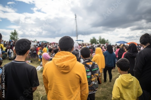 Crowd of homeless refugees view from the back with staff and children. Refugees and economy crisis.