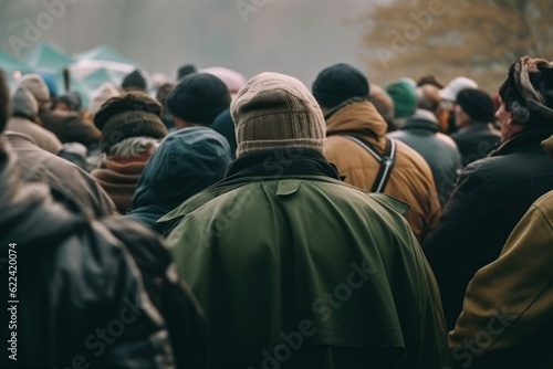 Crowd of homeless refugees view from the back with staff and children. Refugees and economy crisis.
