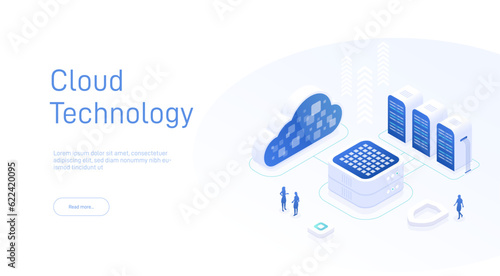 Cloud storage isometric. Computer service technology. Network infrastructure. Data server platform. Online devices upload, download information. Data in database on cloud services. 3d illustration.