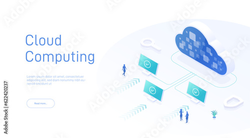 Cloud storage upload, download information. Data in database on cloud services. Digital service or app with data transfering. Online computing technology. 3d servers and datacenter connection network.
