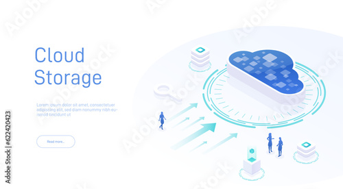 Cloud storage for download, upload information. Data in database on cloud services. Digital service or application with data transmission. Network computing technologies. Futuristic 3d Server.