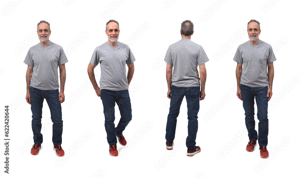 various poses the same middle-aged man dressed in a t-shirt, jeans and sneakers various poses the same middle-aged man dressed in a t-shirt, jeans and sneakers
