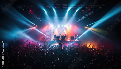  An electrifying concert scene captured from the perspective of the audience, showcasing a packed medium - sized venue with a stage illuminated by bright lights.
