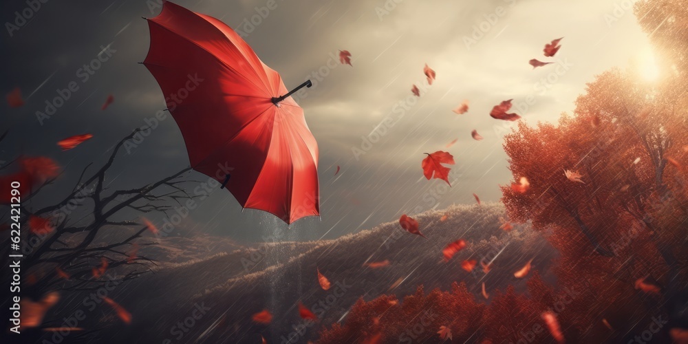 Red umbrella in the storm, Red Umbrella Flying through a Thunderstorm