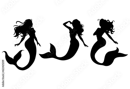Vector illustration. Fish girl silhouette. Mermaid underwater. Fish tail. Fantasy. Set.