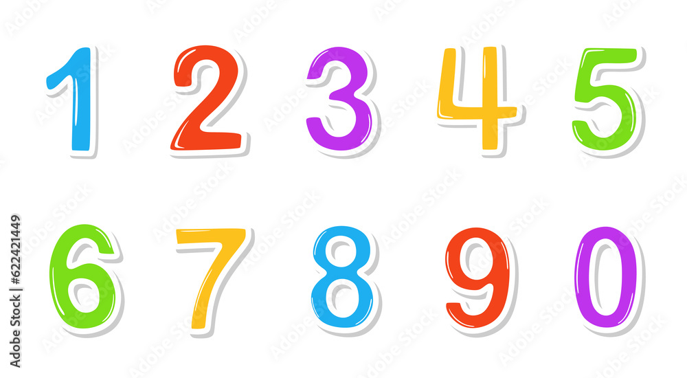 Childish set of bright numbers. Colorful funny numbers, from zero to nine. Cute design playful signs for kids, greeting card template isolated on white background. Flat cartoon vector illustration
