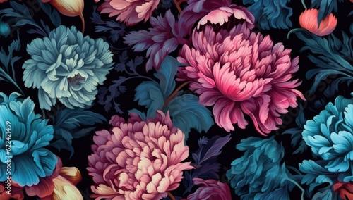 Unusual Floral summer seamless pattern. Blue and pink flowers on a black background. Vintage. SEAMLESS PATTERN. Created with Generative AI technology.