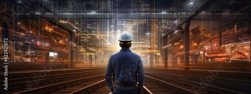 Fotografia a man wearing a hard hat standing in front of train tracks Generative Ai